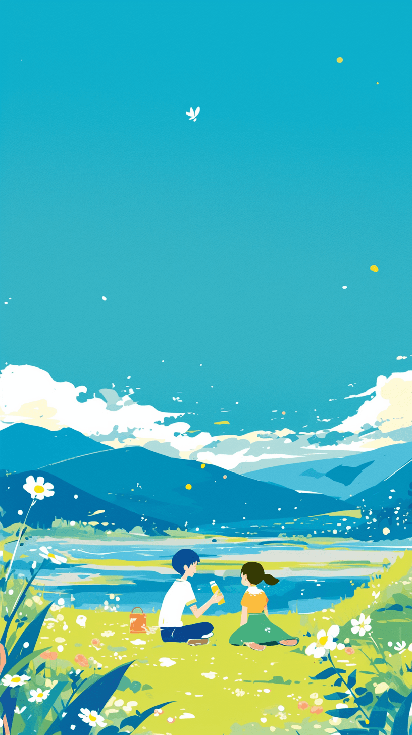 AI generated: A boy and a girl drink bottled drink with mountains behind,Aerial view,simple lines, children's book...