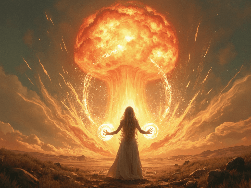AI generated: A lone druidic woman or sorcerer, viewed from behind, stands in an otherworldly landscape, her figur...