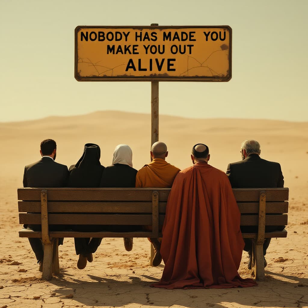 AI generated: Wide cinematic rear-view shot in a vast sun-scorched desert. A rusty, dilapidated bus stop bench is ...