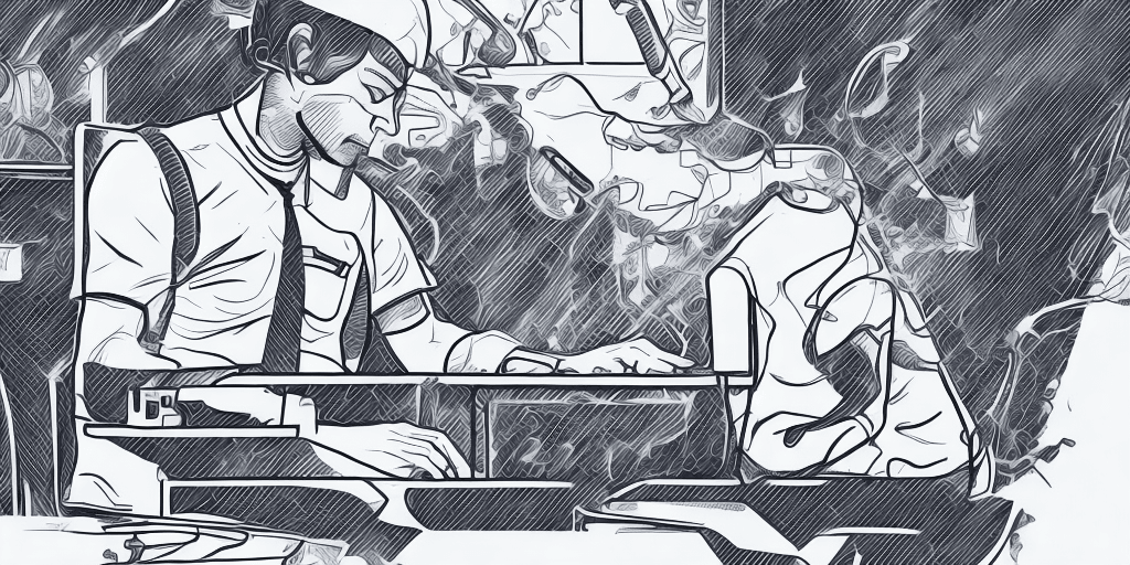 AI generated: A monochromatic vector illustration of one software developer working on a laptop while sitting at a...