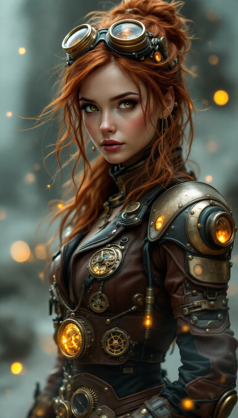 AI generated: An ultra-realistic, full-body portrait of a captivating steampunk inventor woman, radiating intellec...