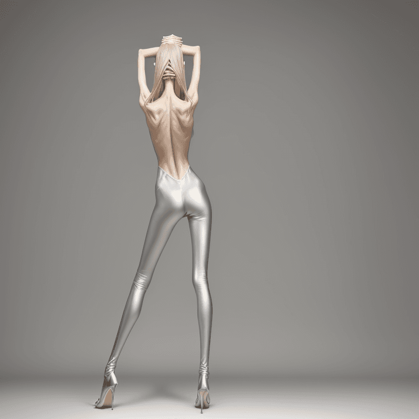 AI generated: photo of an extremely skinny, flat-chested model with extreme long and skinny legs with extreme long...