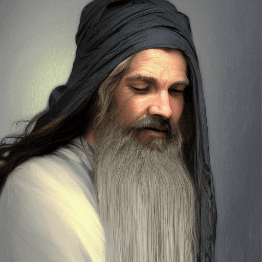 AI generated: portrait of Religious mysteries man , white long hair, long baard, traditional scarf on head, mature...