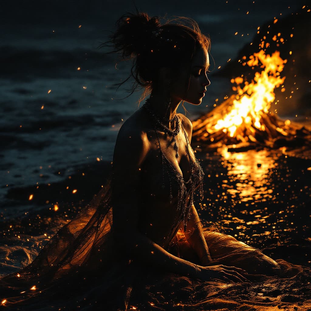AI generated: dancer with jewelry at night on the beach by the fire in the style of magali villeneuve, eve ventrue...