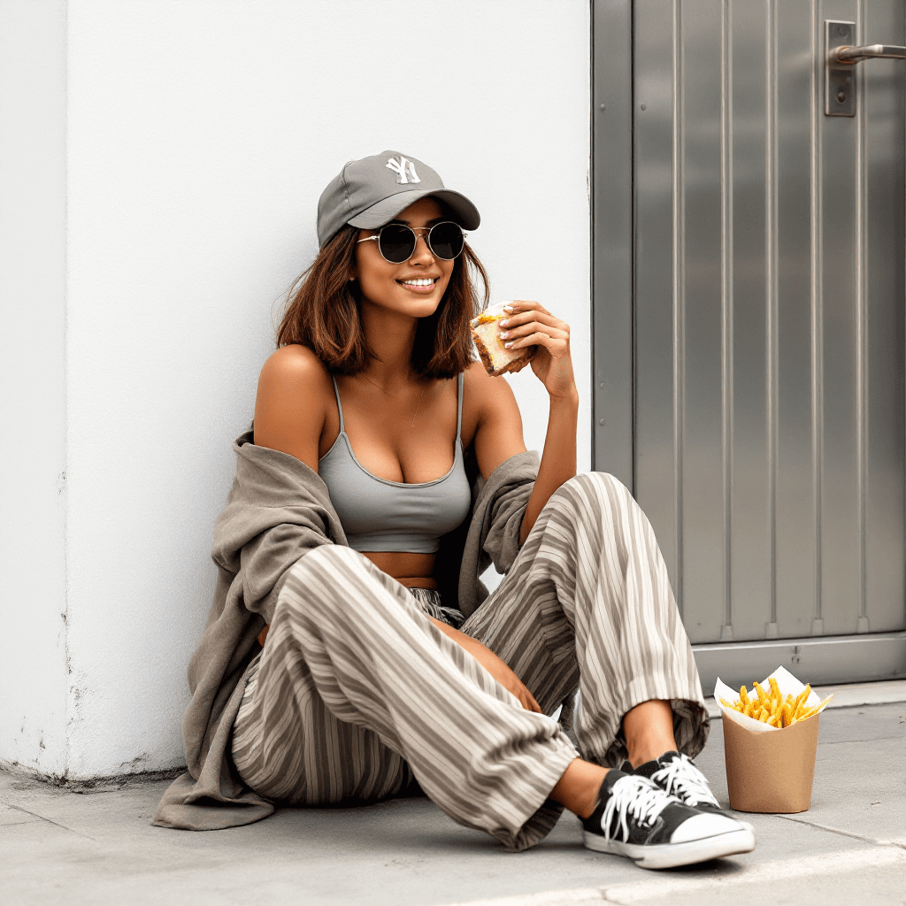 AI generated: perky young mixed Portuguese and Moroccan woman with chestnut-colored hair is styled in a blunt bob,...