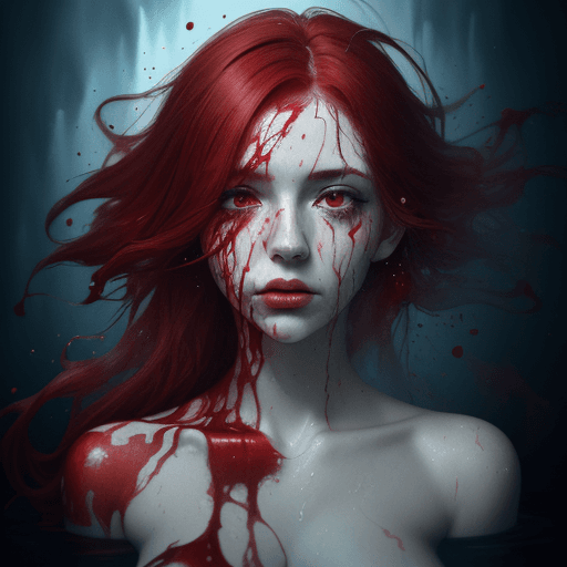 AI generated: A half body portrait of a woman made of blood, half body is submerged in blood, red hair depicting a...