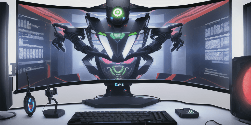 AI generated: In the background there are personal computers, keyboards, monitor, different pc components. In the ...