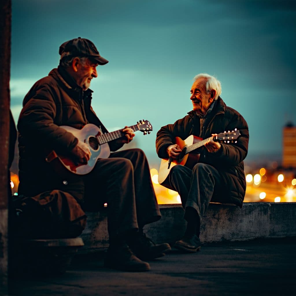 AI generated: A cinematic, intimate moment of two older male friends sitting quietly on a rooftop at night, city l...