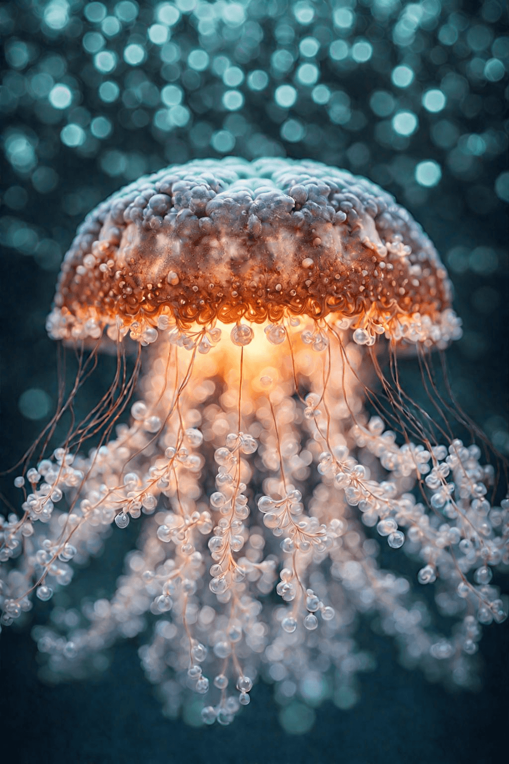 AI generated: Raw, masterpiece, perfectly centered, symmetrical, under water macro shot of a glowing jellyfish, co...