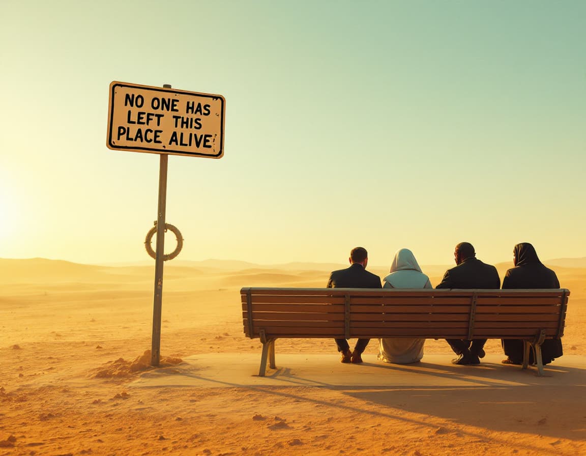 AI generated: wide shot of a bus station located in the middle of the dessert, is sunset , dusty enviroment. on th...