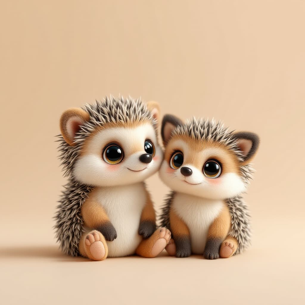 AI generated: photorealistic 2 cute baby hedgehog plush brother and sister and a cute little fox with big eyes, na...