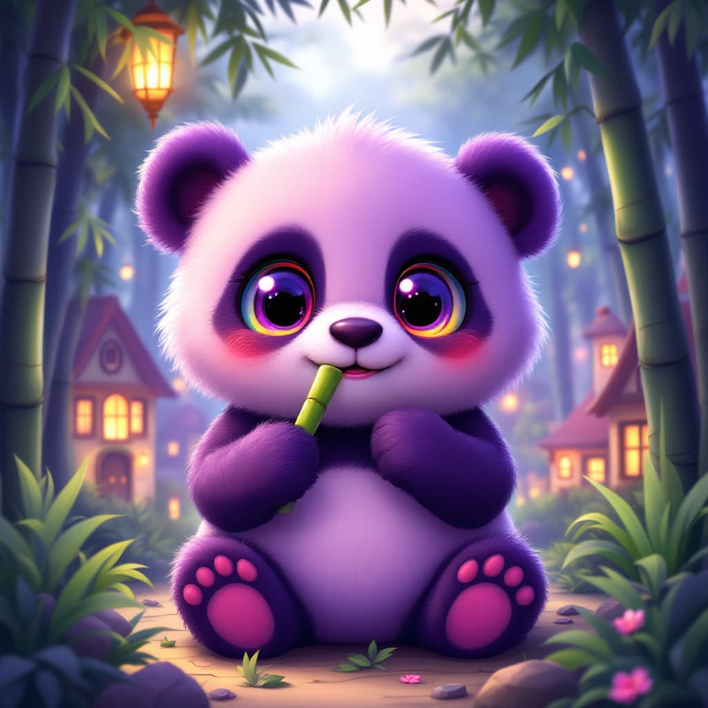 AI generated: A cute panda bear with fluffy purple fur, big expressive eyes, sitting down and eating bamboo, surro...