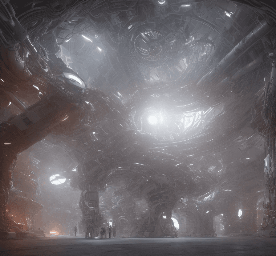 AI generated: 2 huge white Mech are walking thru the fire   in the corridor leading to the control room in a futur...