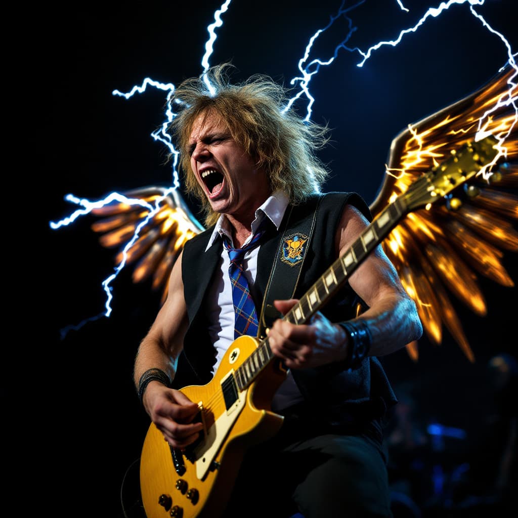AI generated: acdc playing hit song thunderstruck and angus young in his school boy costume with  wings made of li...