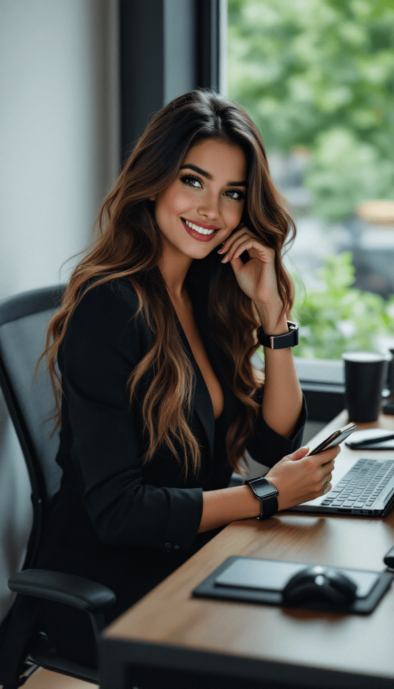 AI generated: A photorealistic image of a cheerful girl in office, portrait of a woman on her desk, long hair, bla...