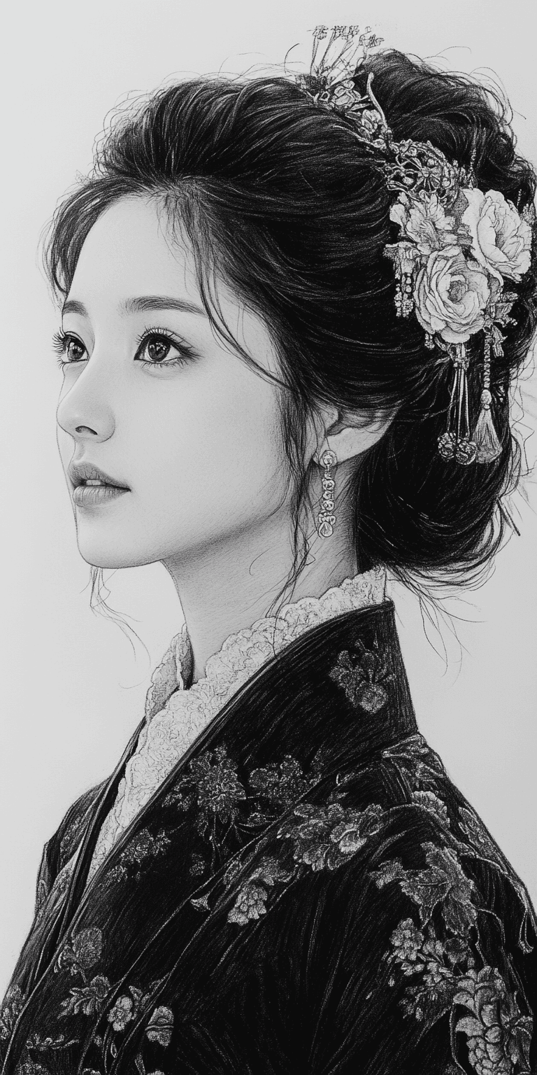 AI generated: a stunning charcoal sketch of a beautiful Japanese woman in a kimono, simple lines, in the style of ...