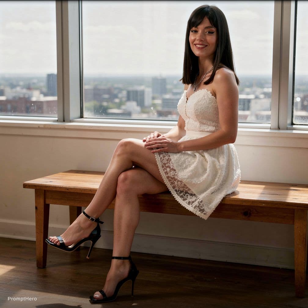 AI generated: A woman is seated comfortably on a wooden bench inside a room with large windows showcasing a distan...