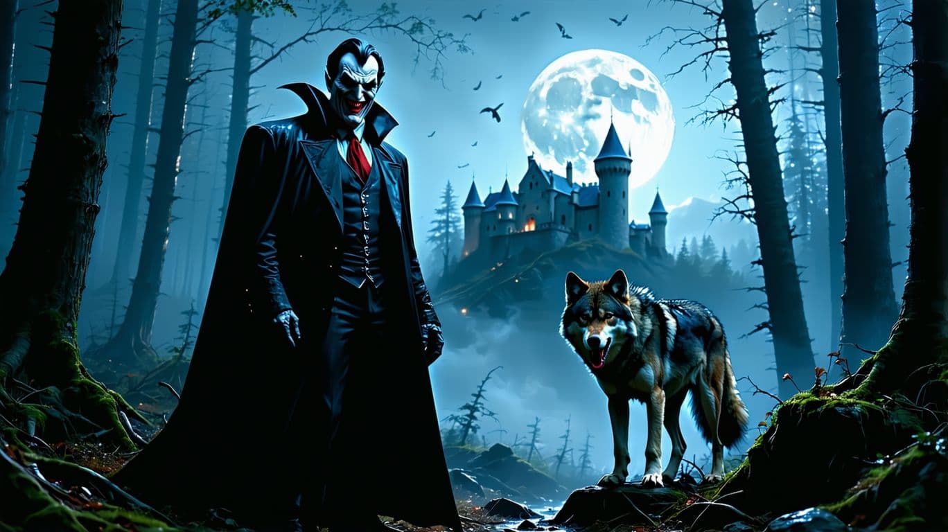 AI generated: realistic Count Dracula, tall, full body, scary looking, powerfully build, huge fangs shining, red l...