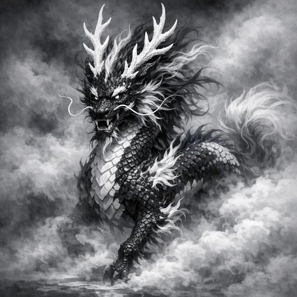AI generated: Create a kirin dragon with black sink black and white scales and white antler like horns surrounded ...
