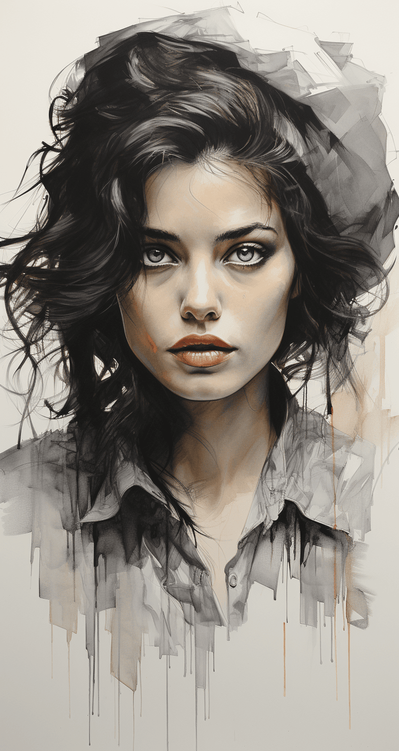 AI generated: drawing of a beautiful woman in a portrait sketchbook, in the style of dynamic expressionist style, ...