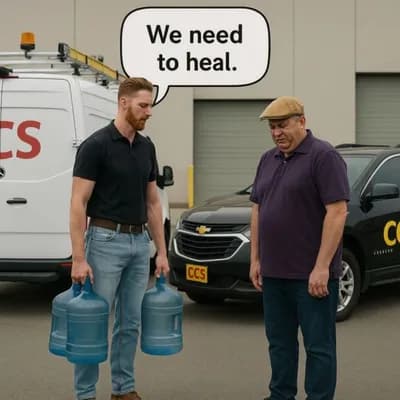 AI generated video: Have the man in purple sobbing, the man in black puts down the water jugs, puts his hand on the man ...