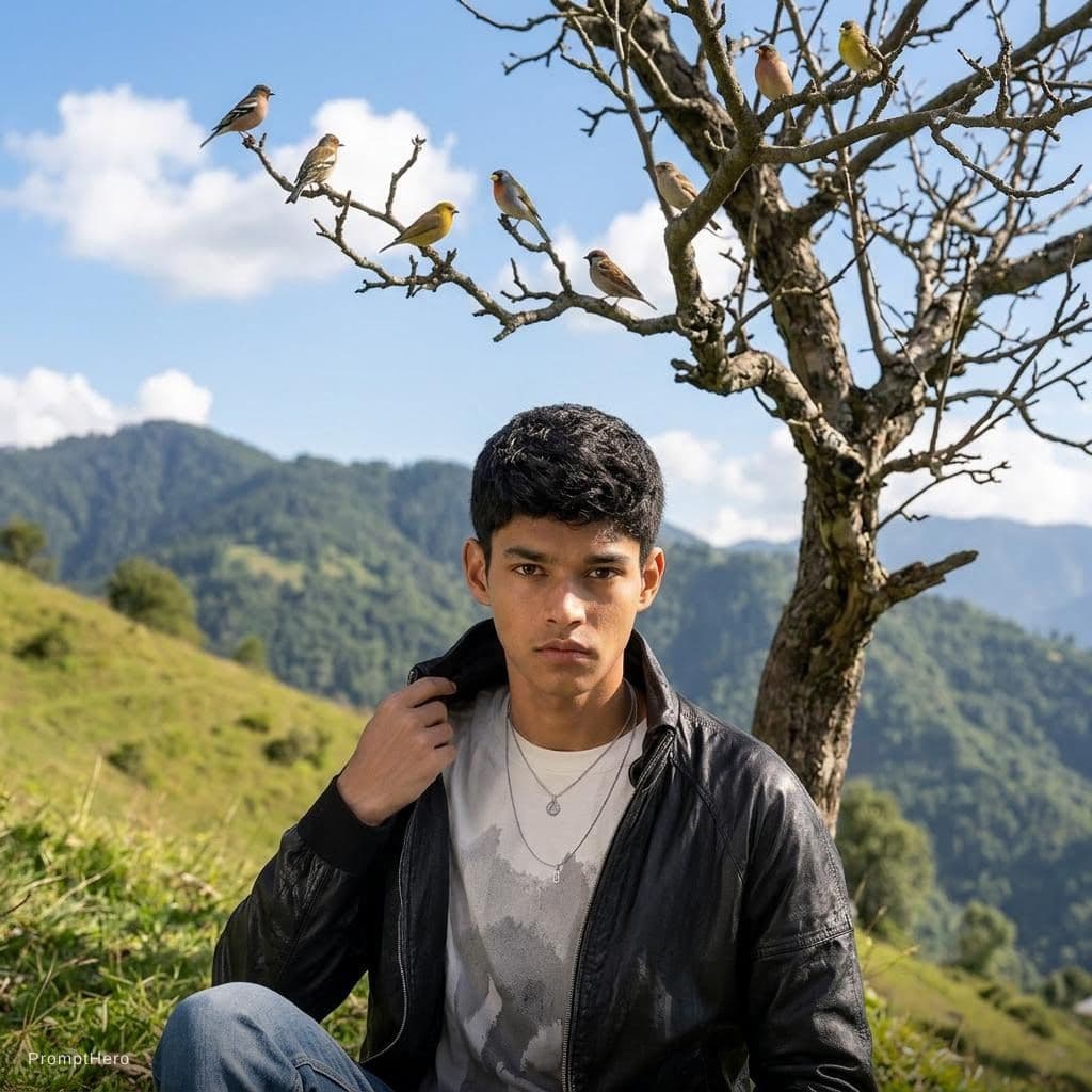 AI generated: A down natural green  mountain.in his sitting on a person. in her mountain back in blue sky and some...