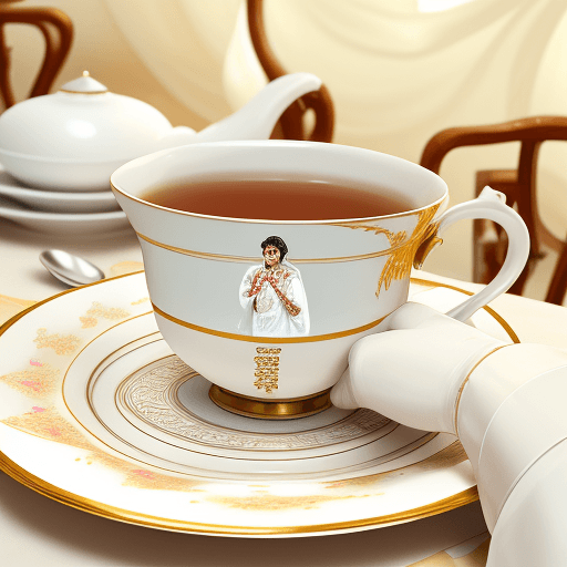 AI generated: create realistic image the cup of tea slips from the  bridegroom's hand and fall on the off-white sa...