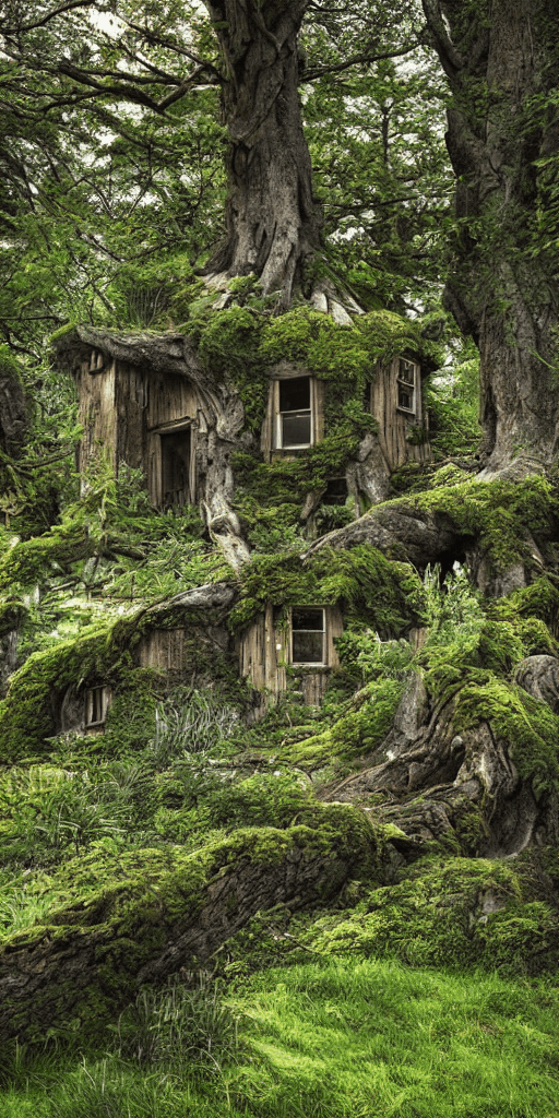 AI generated: Cottage overgrown with ancient trees, high-fantasy, photorealistic