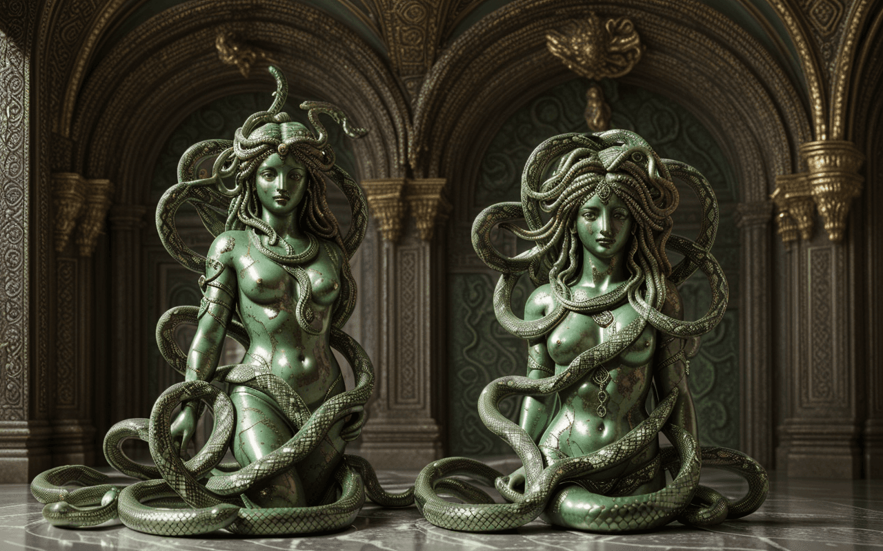 AI generated: barocco,interior statue andromeda,(entangled in snakes:1.2) ,hair snakes,decorative bronze, green pa...