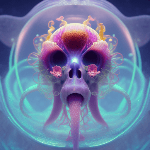 AI generated: Goddess close-up portrait ribcagel. jellyfish phoenix head, nautilus, orchid, skull, betta fish, bio...