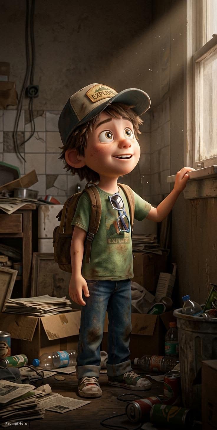 AI generated: A Pixar-style animated portrait of a young, quirky boy wearing a cap, sunglasses, a green t-shirt, j...