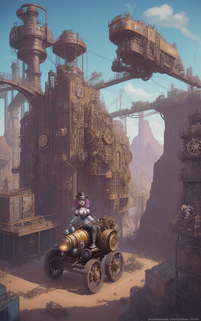 AI generated: Step into the vibrant world of Pistonella, where the day brings forth an array of mechanical marvels...