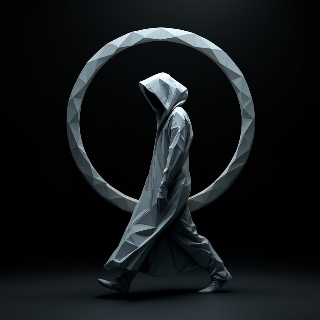 AI generated: A surreal paper sculpture of a hooded human figure, walking while carrying a large circular hoop. Th...