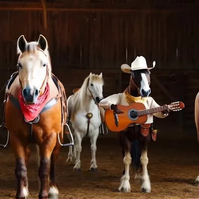 AI generated video: Horses in a barn dress up as cowboys playing on country music instruments