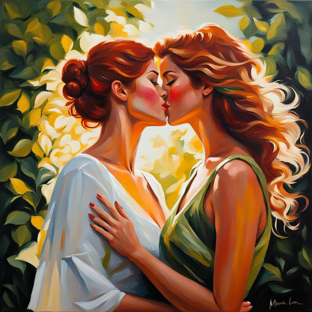 AI generated: oil work of fiery ginger haired woman kissing brunette haired woman, relaxed pose, wearing a (dress)...