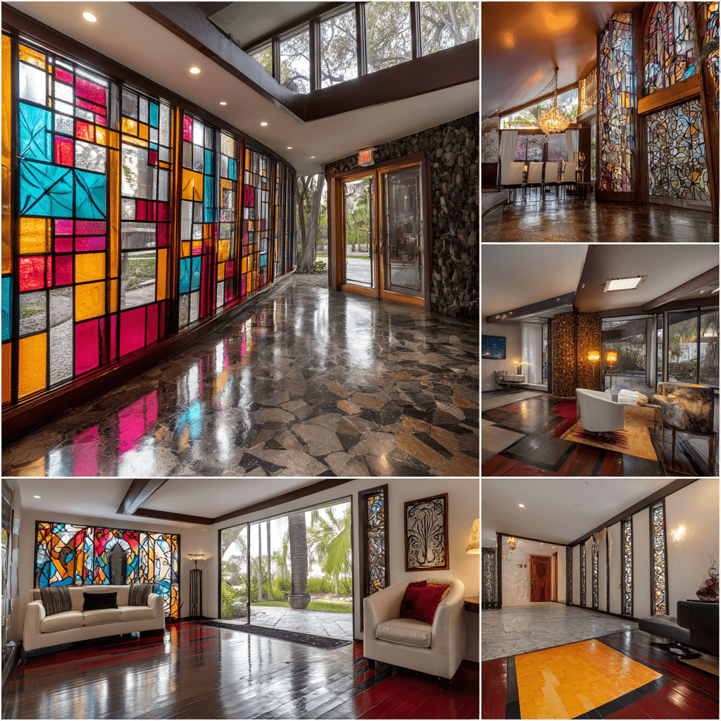 AI generated: breathtaking mid-century modern mansion themed around a peacock, with colorful stained glass,
intri...