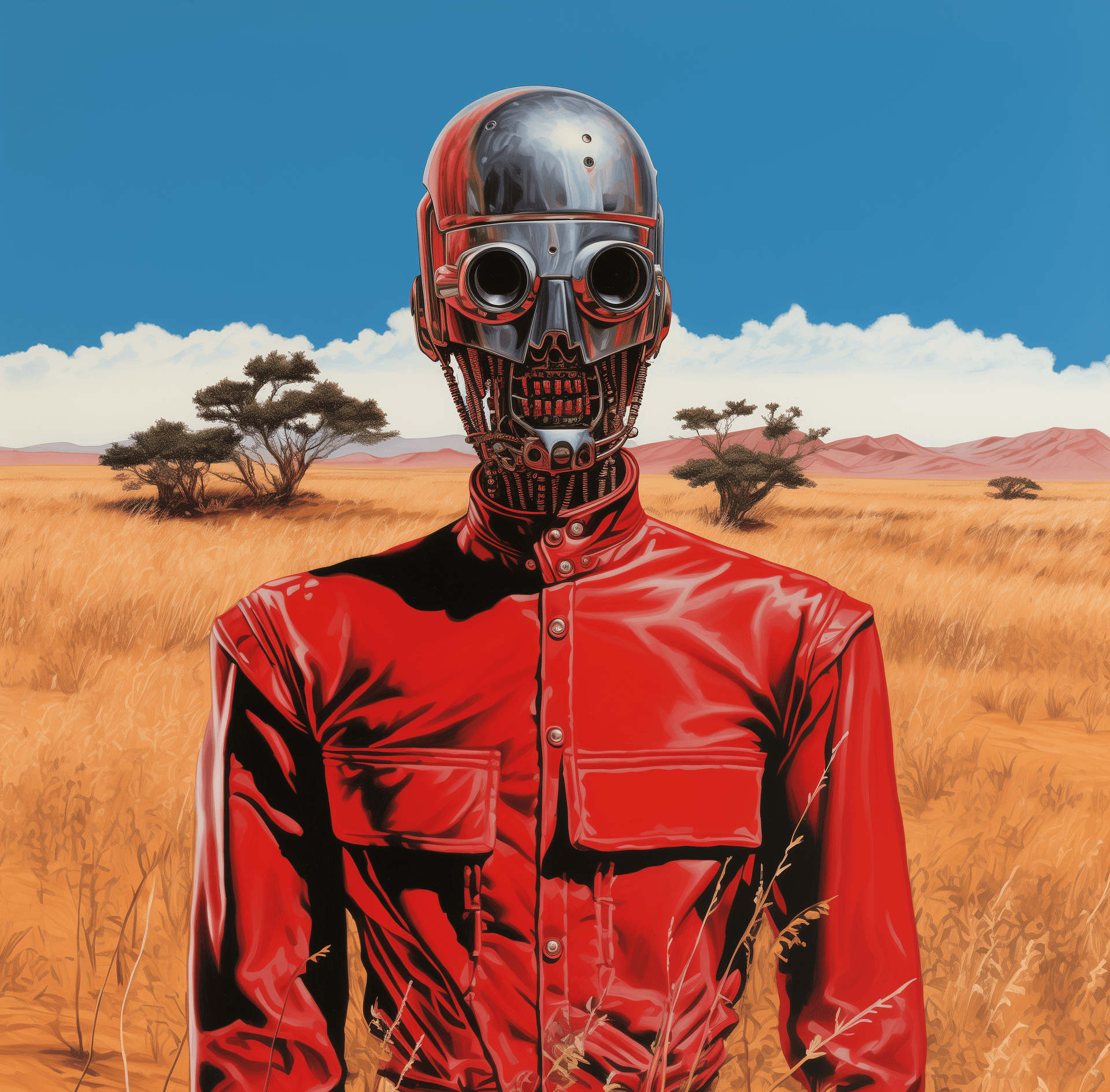 AI generated: a poster with an image of a robot standing in a red desert, in the style of genre painting, bone, ro...
