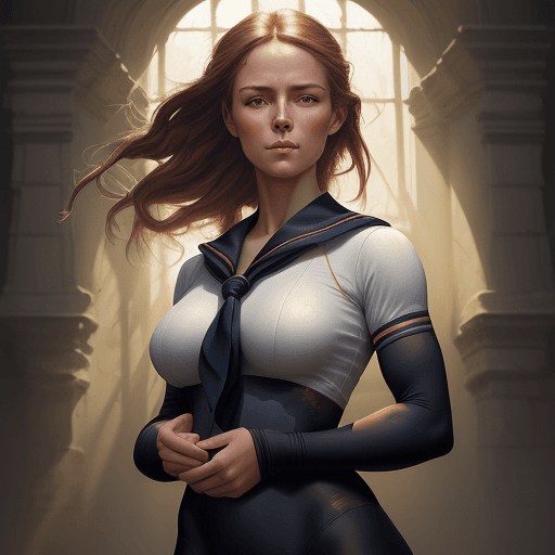 AI generated: Modern digital portrait of a sailor woman  in a tight-fitting work outfit, with a slight smile, intr...