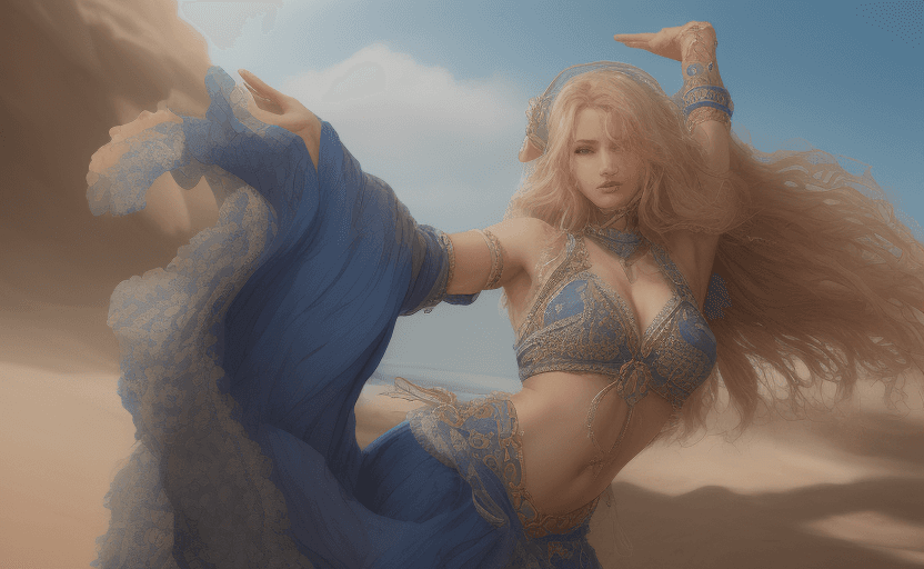 AI generated: An alluring svelte muscular stomached woman  with waist length long blonde hair and bright blue eyes...