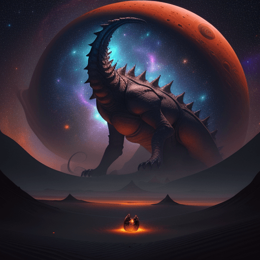 AI generated: Dune enormous big dragon in desert, scary teeth, surrounded by galaxies and stars, creating an other...