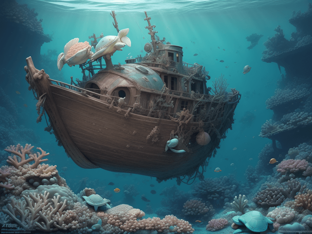 AI generated: a deeper dreamy little boat wreck, one lightly dreamy baby green turtle floating and looking at us, ...