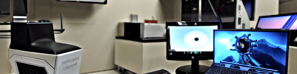AI generated: In the background there are personal computers, keyboards, monitor, different pc components. In the ...