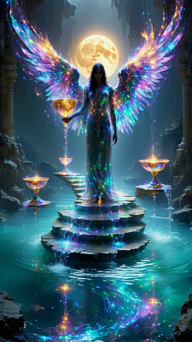 AI generated: A radiant angelic figure stands atop a pool of mirrored liquid light, pouring streams of golden and ...