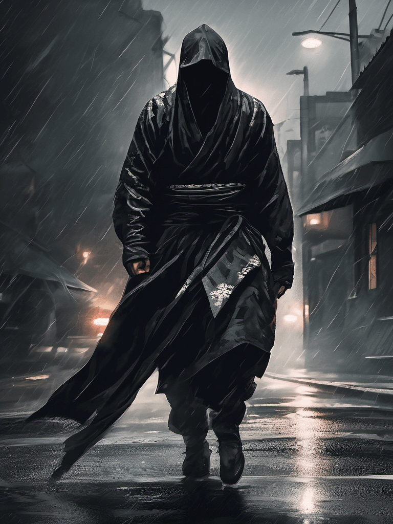 AI generated:  close up of a badass ninja, wearing a big long flying bandana, low angle, street, stormy weather, b...