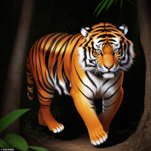 AI generated: A majestic tiger prowling through a dense jungle, its orange and black stripes blending with the sha...