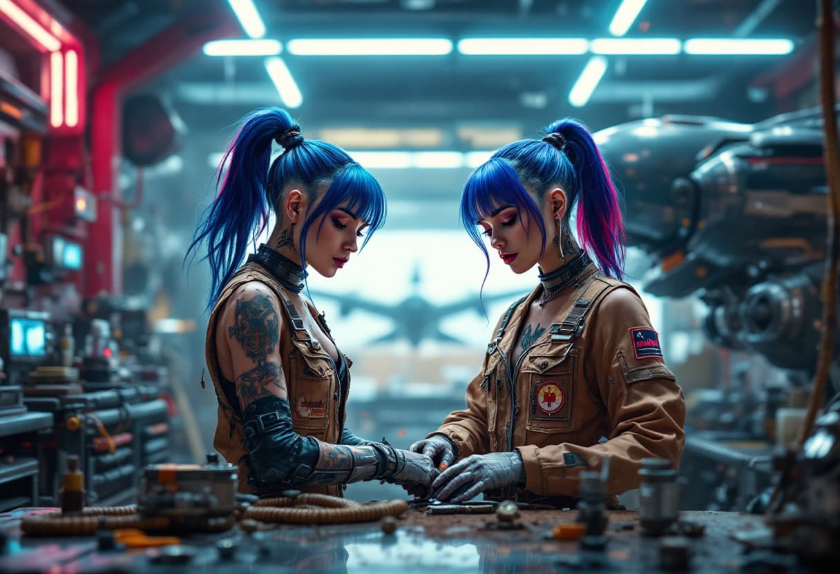AI generated: Photorealistic concept art. Medium shot. Two girlfriends with vibrant blue and red colored hair, tat...