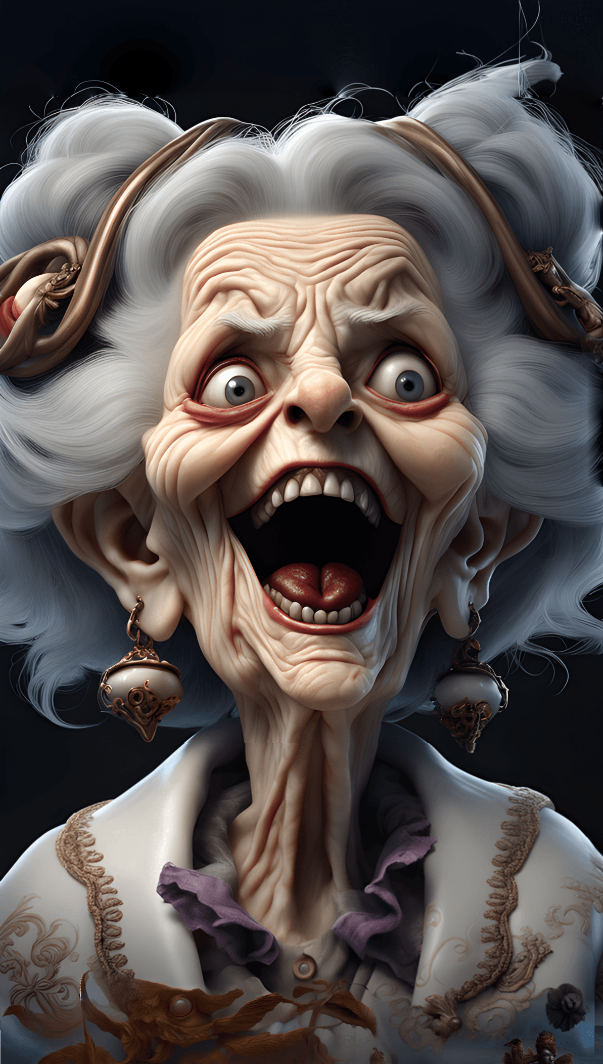 AI generated: Very old madness grandma with evil smile, mad sky hallucination by Mundford, baroque maximalist, chi...