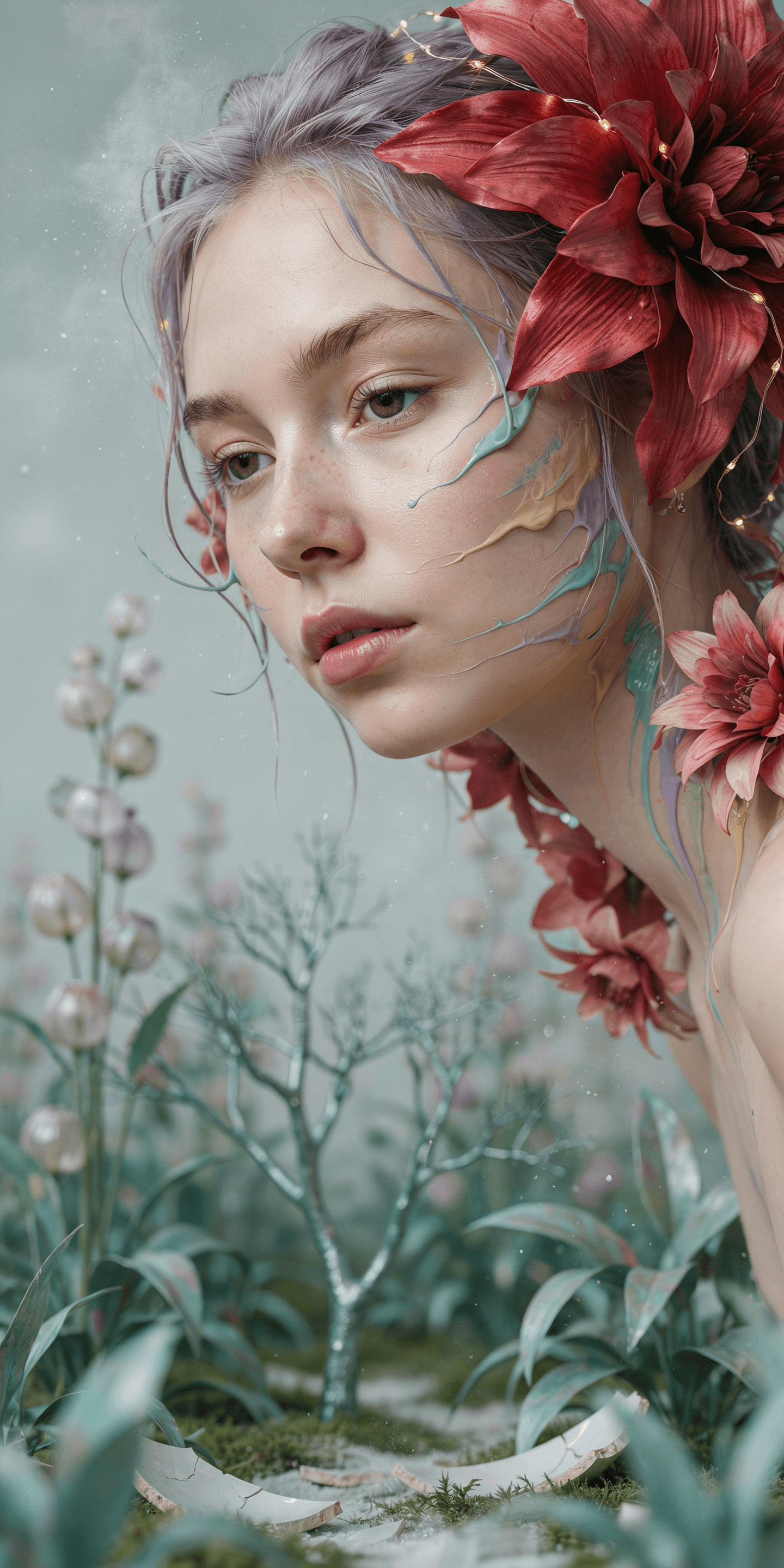 AI generated: editorial photoshoot of a woman's face in a pastel dream , colors flowing from her face wild fashion...