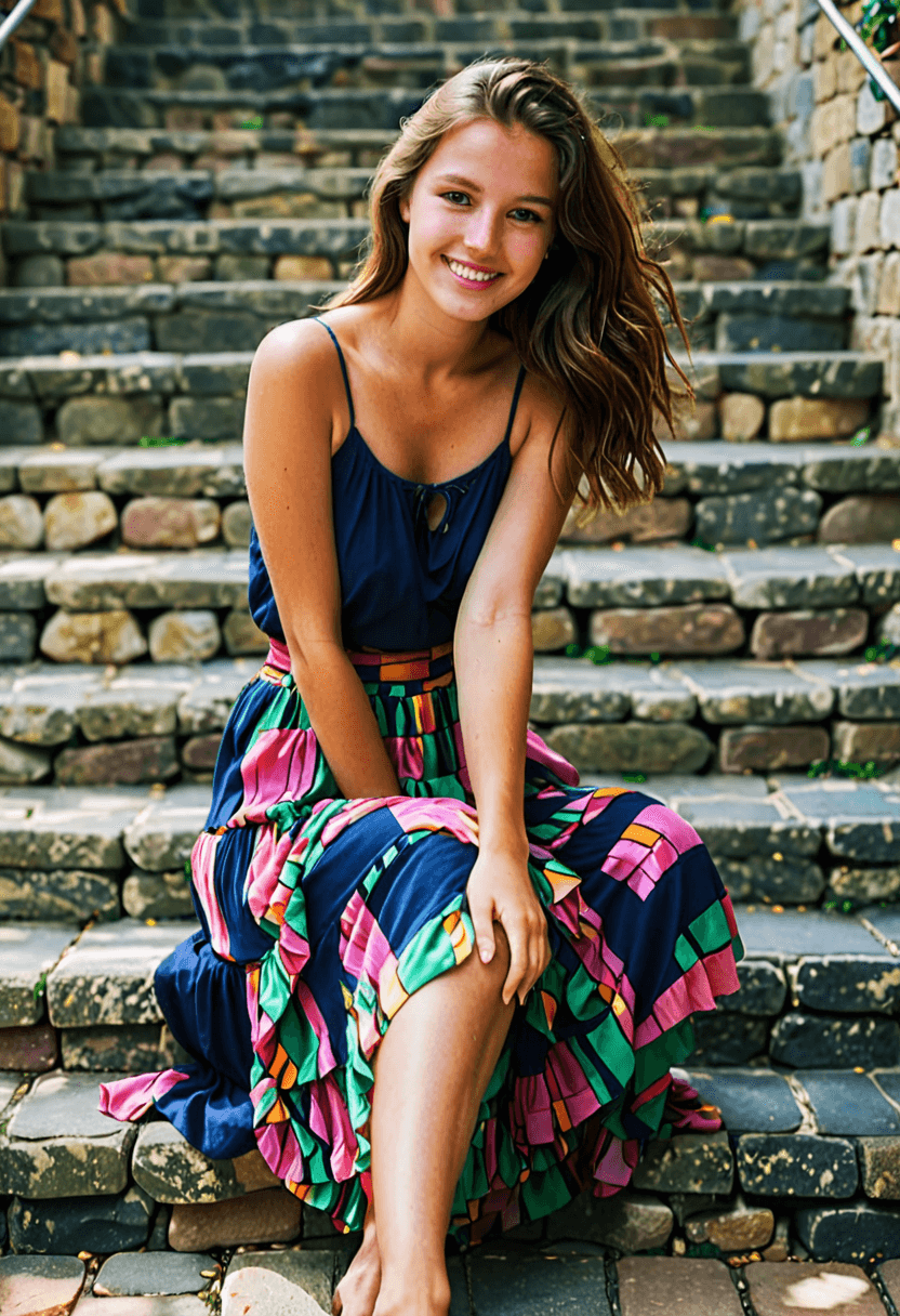 AI generated: iphone photo gorgeous young woman sitting on a set of stone stairs smiling happily at the viewer, we...