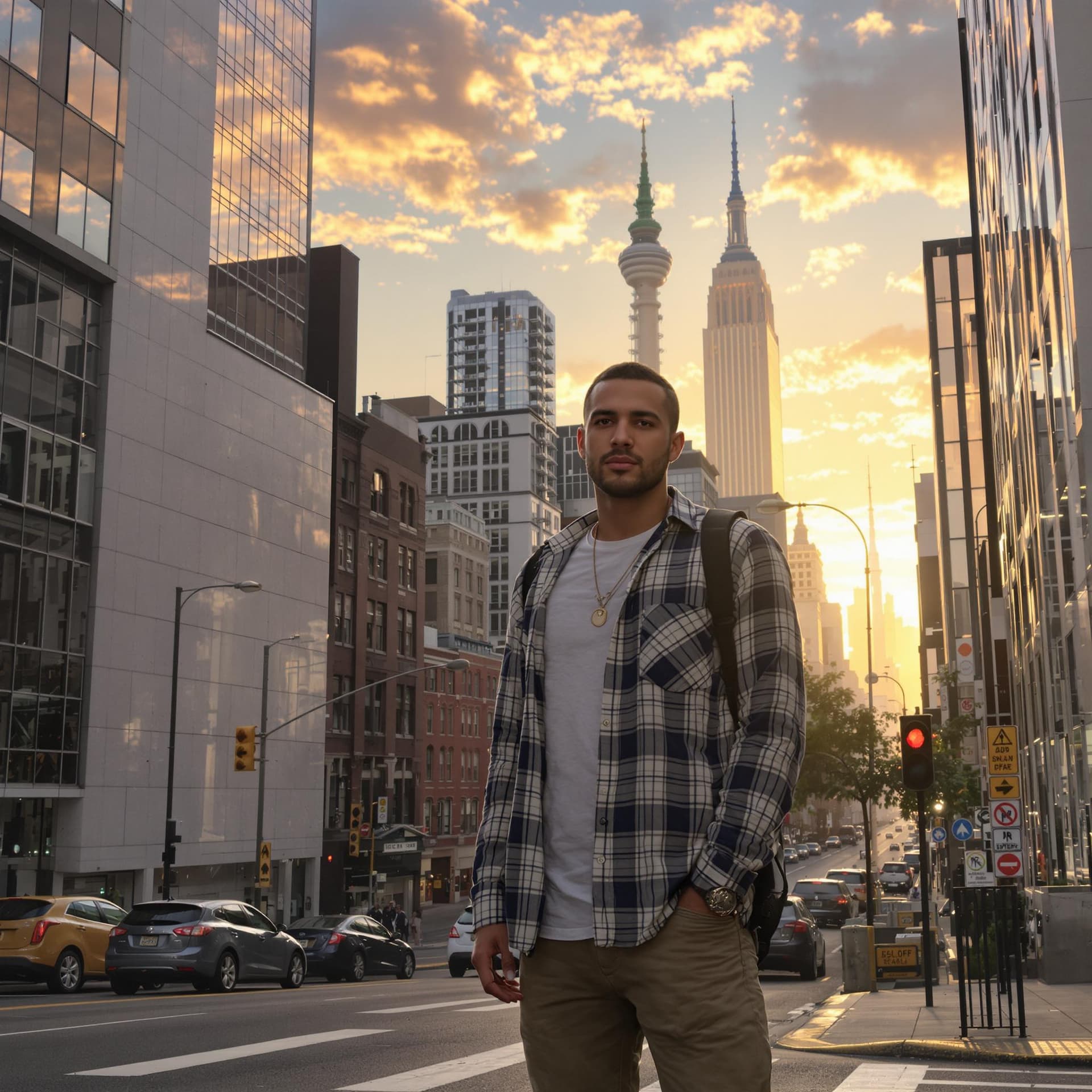 AI generated: hyper realism, high detail, octane render, 8k , some guy with casual dress standing on the new york ...